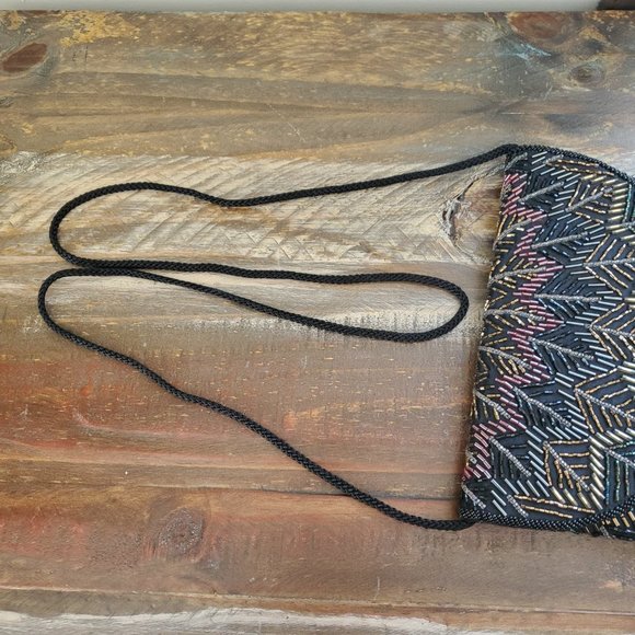 Vintage Hand Beaded Brown Clutch with Corded Shoulder Strap China - Picture 3 of 6